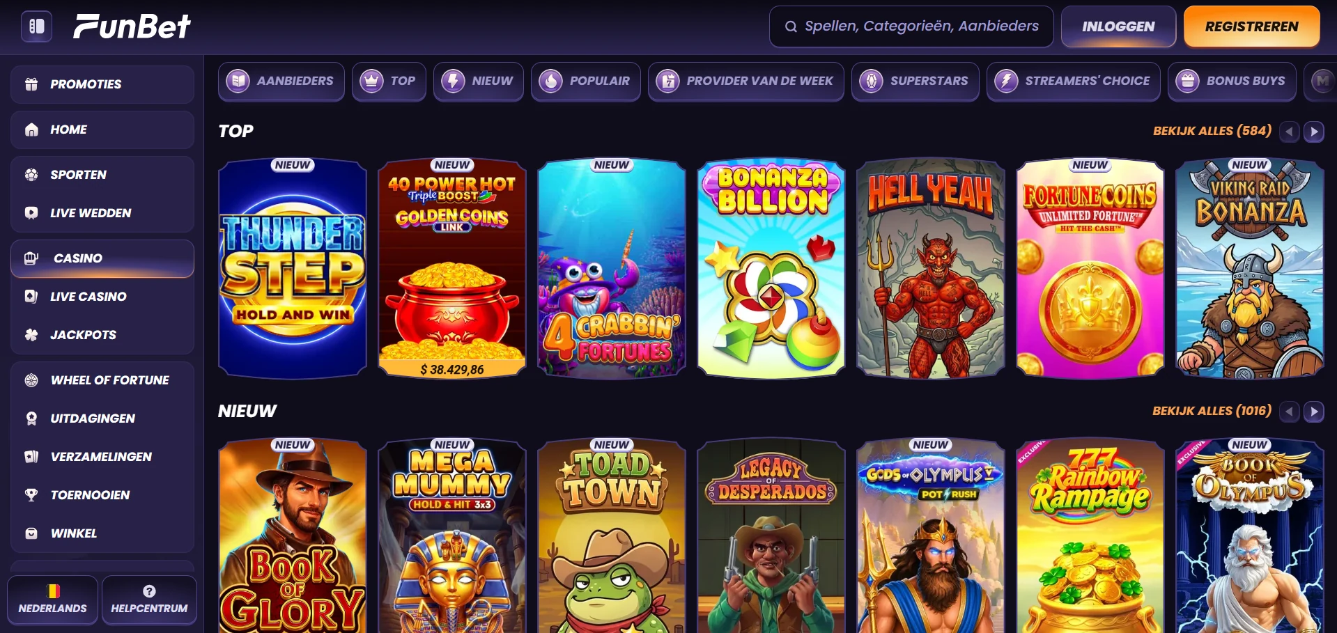 Lobby van Funbet Casino met de spelcategorieën en uitgelichte titels