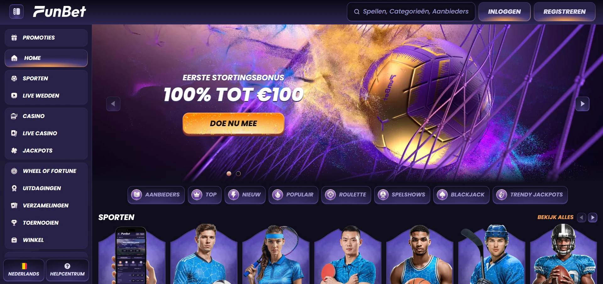 Startpagina van Funbet Casino met het spelaanbod en de aanmeldknop