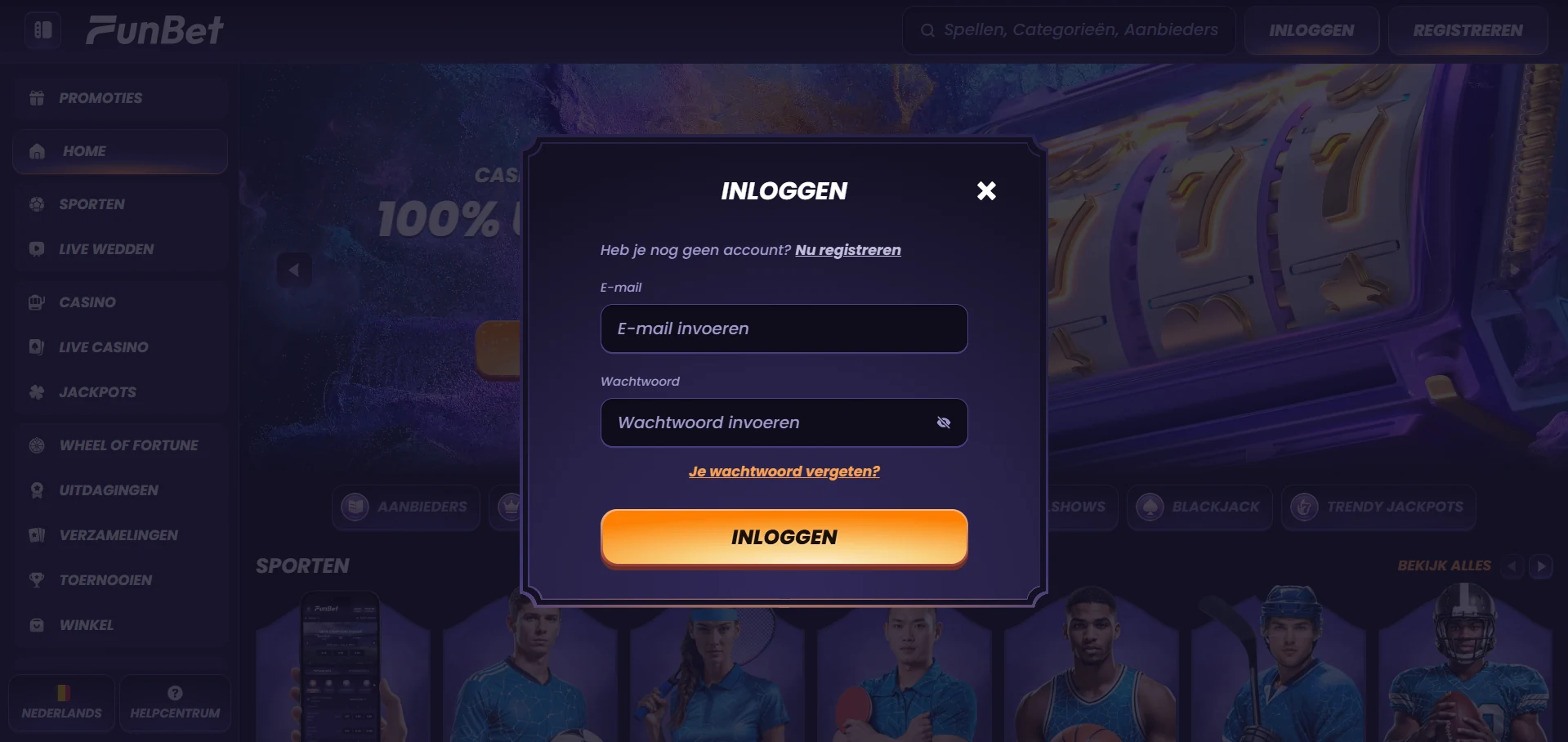 Inlogscherm van Funbet Casino met de velden voor e-mail en wachtwoord